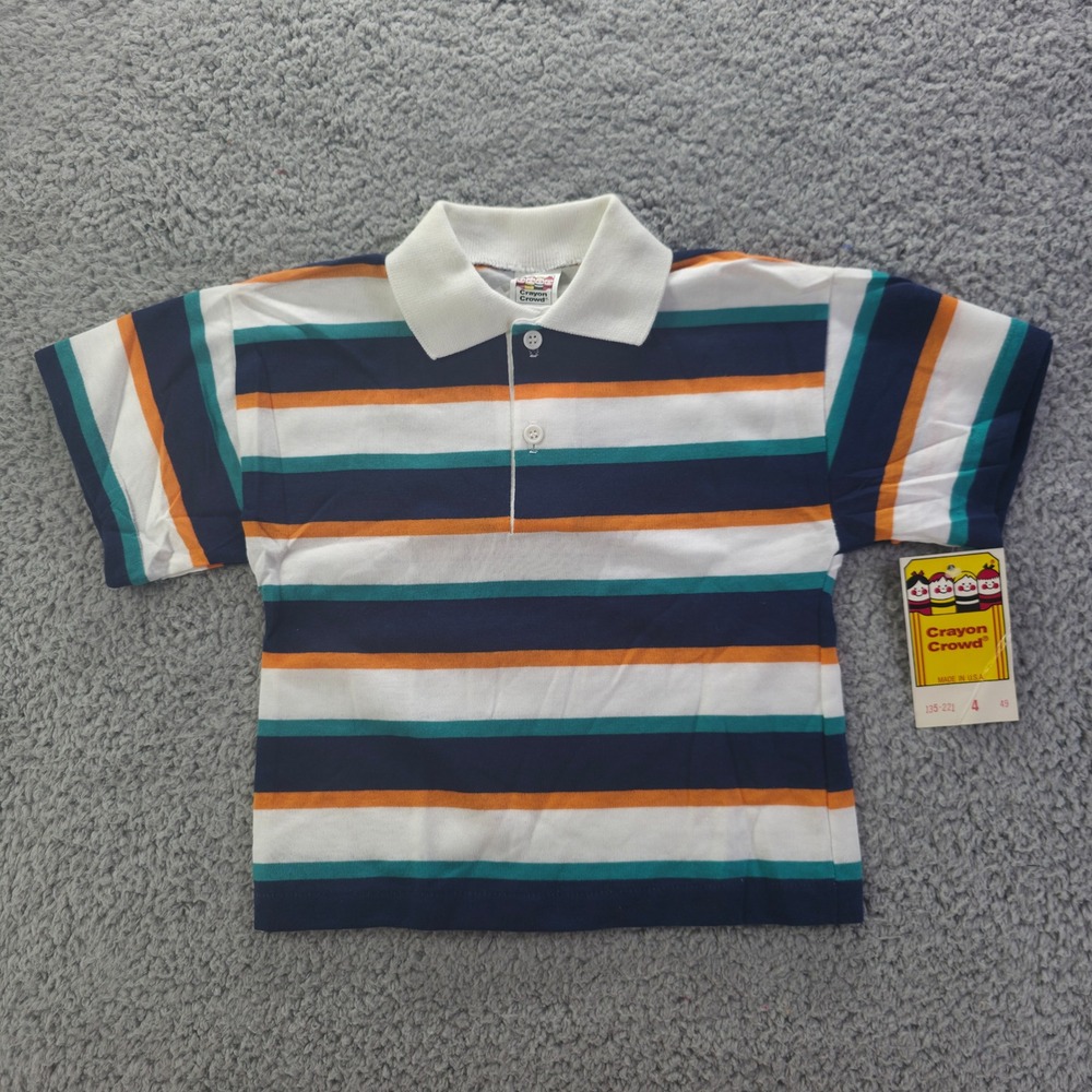 Vintage Crayon Crowd Kids Striped Polo Shirt Size 4 USA NWT Navy Orange 90s